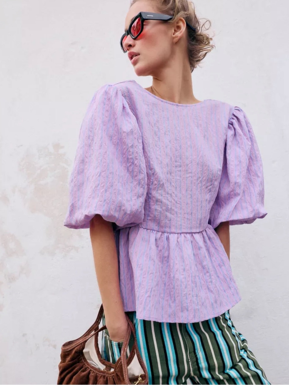 ZARA Viral Striped Blouse Puff Balloon Sleeve V-Back Bow Peplum Top Women Large